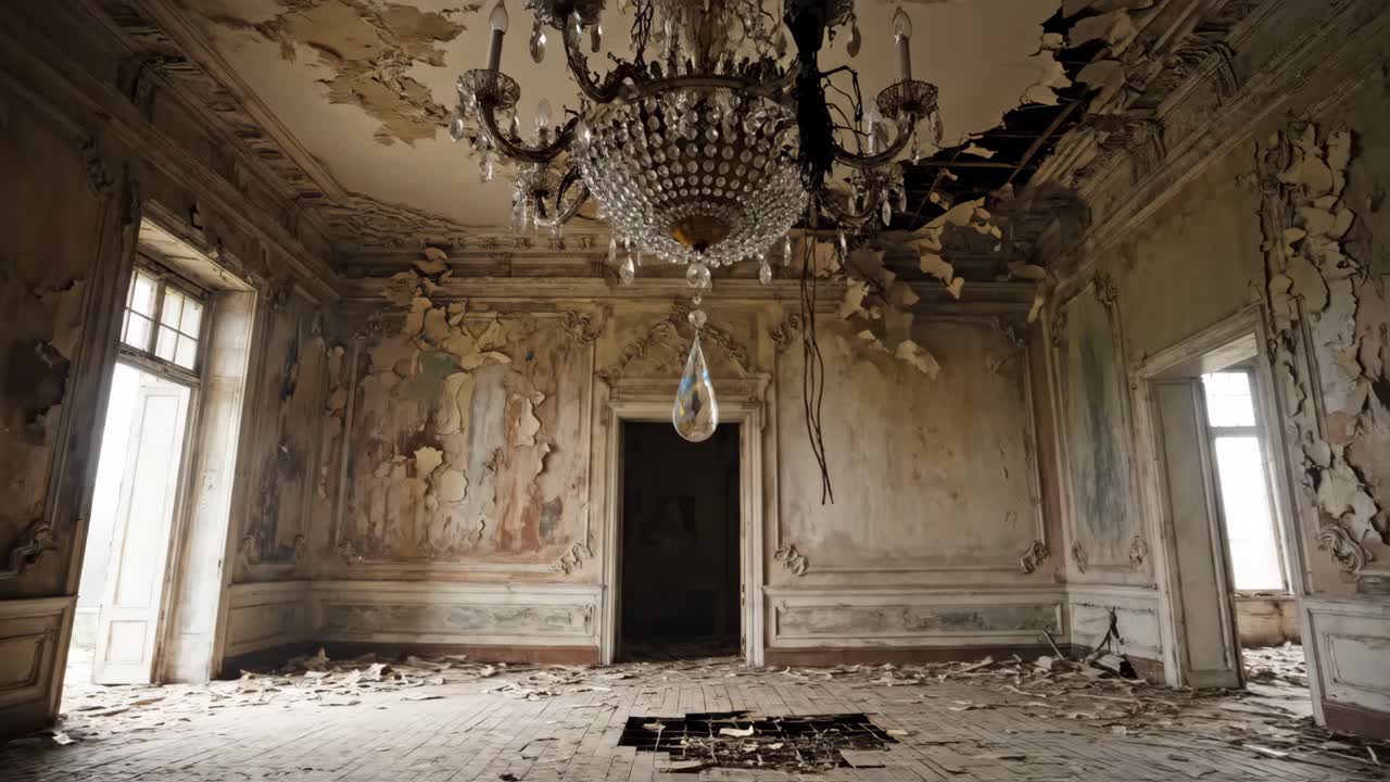 Abandoned and Decayed Interior with Chandelier