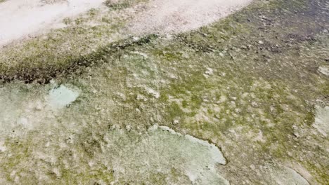 Aerial-view-of-natural-patterns-and-textures-of-sand-bars-and-coral-reef-at-low-tide-with-crystal-clear-ocean-water,-birds-eye-view-reverse-flyover