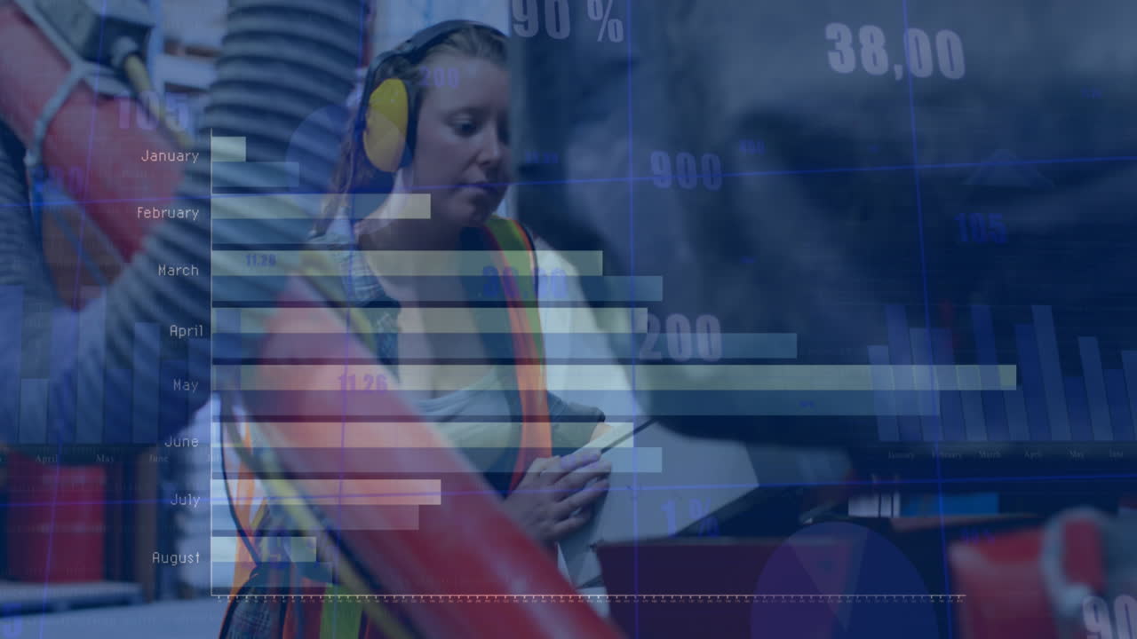 animación del procesamiento de datos financieros y estadísticas sobre mujeres caucásicas que trabajan en fábricas