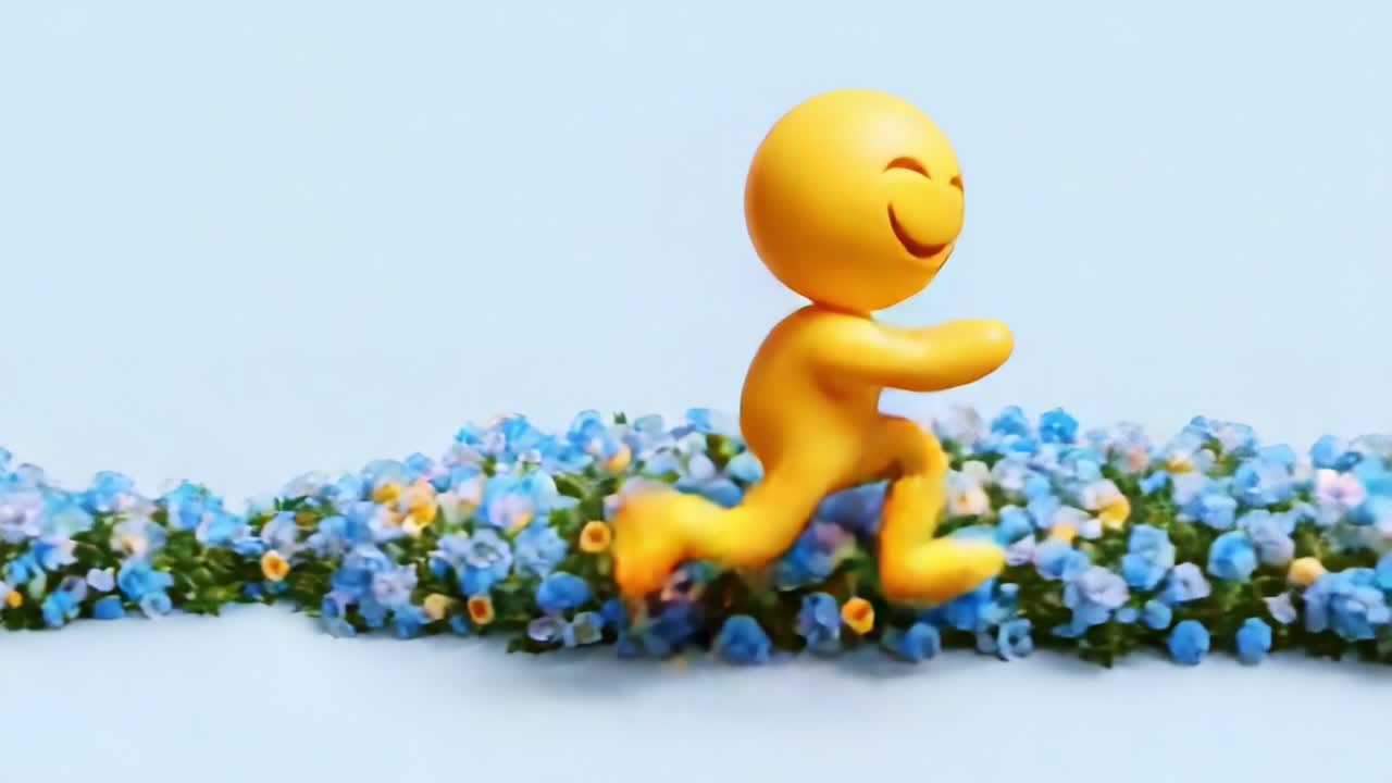 A cheerful emoji figure joyfully runs through a vibrant blanket of colorful flowers, showcasing a scene of happiness and nature's beauty with a bright blue background