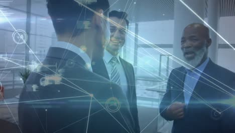 animation of network of connections over three diverse businessmen discussing together at office