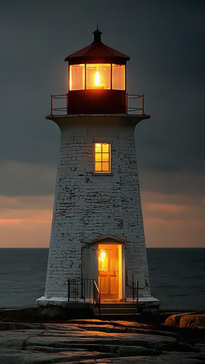Splendido faro illuminato al crepuscolo: un faro di speranza che resiste alle onde dell'oceano e al cielo che si oscura, simboleggiando guida e sicurezza per i naviganti