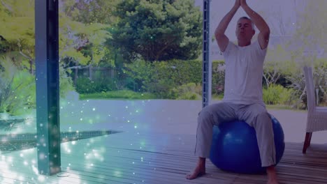 animación de puntos de luz sobre un hombre caucásico anciano practicando yoga y meditando