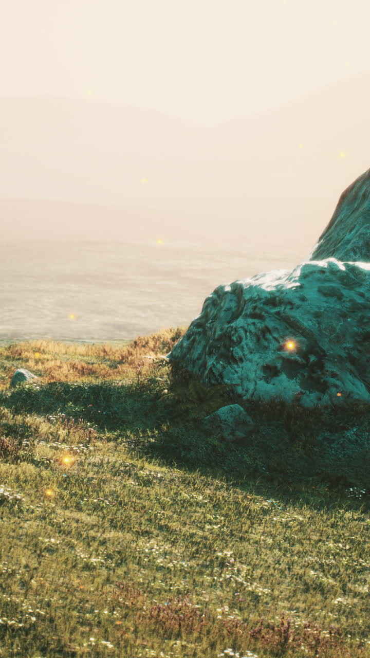 зеленое травяное поле с большой скалой под закатным небом