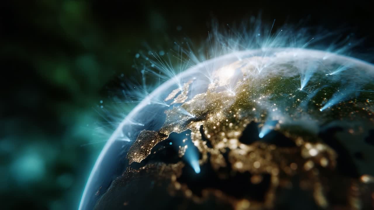 Visualizzazione dinamica della Terra con connessioni luminose irradianti che evidenziano le interazioni globali e il flusso di dati tra i continenti in una straordinaria atmosfera digitale