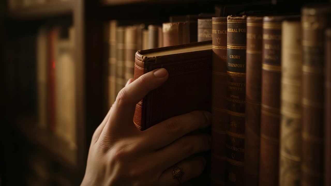 Una mano si allunga sullo scaffale e scivola tra i libri, afferra un libro in pelle con anello e lo estrae per controllarlo