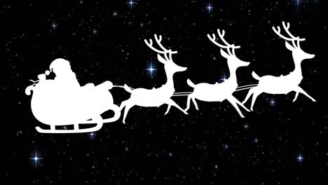 Santa-claus-in-sleigh-being-pulled-by-reindeers-over-shining-star-falling-against-black-background