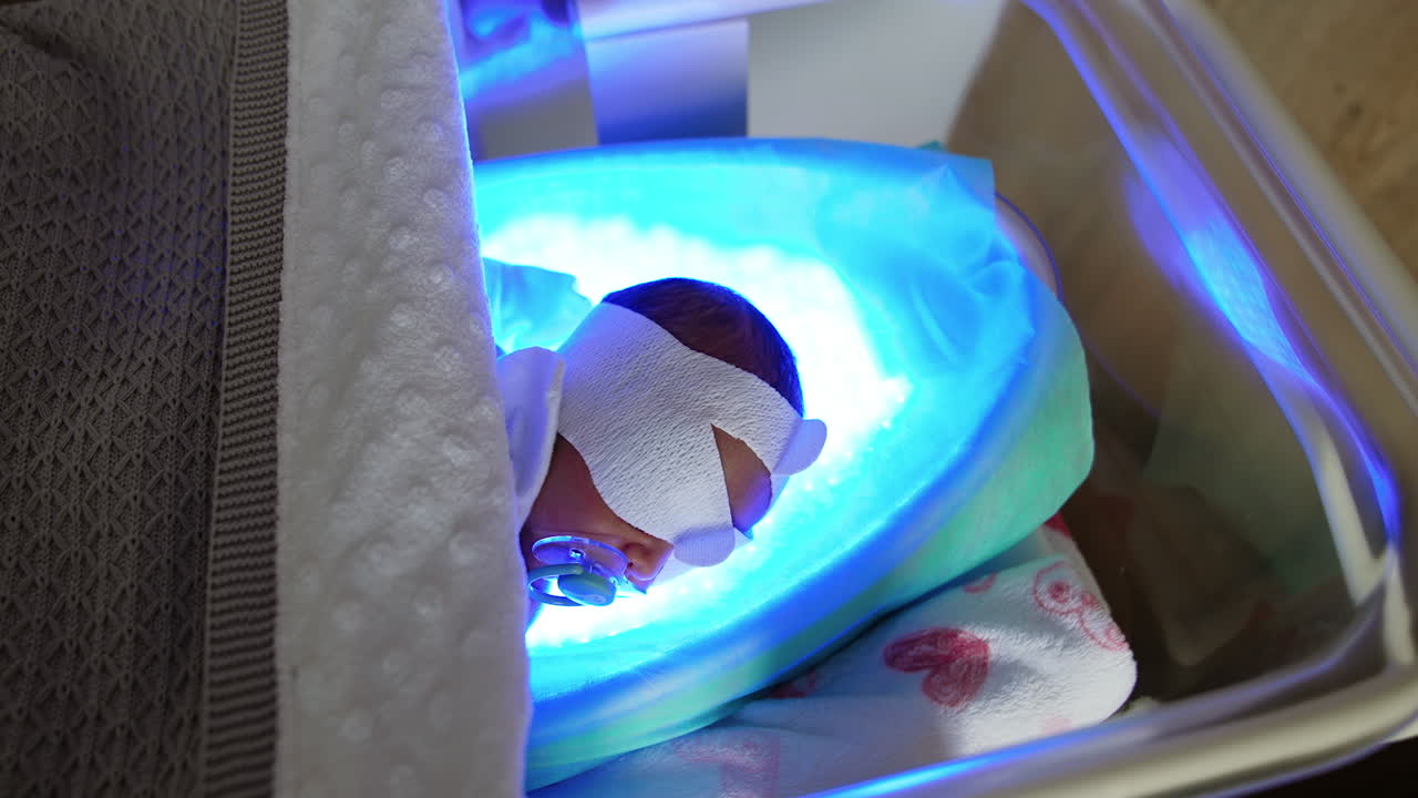 Jaundice treatment for newborns at maternity hospital. Little baby lies on the ultraviolet lamp.