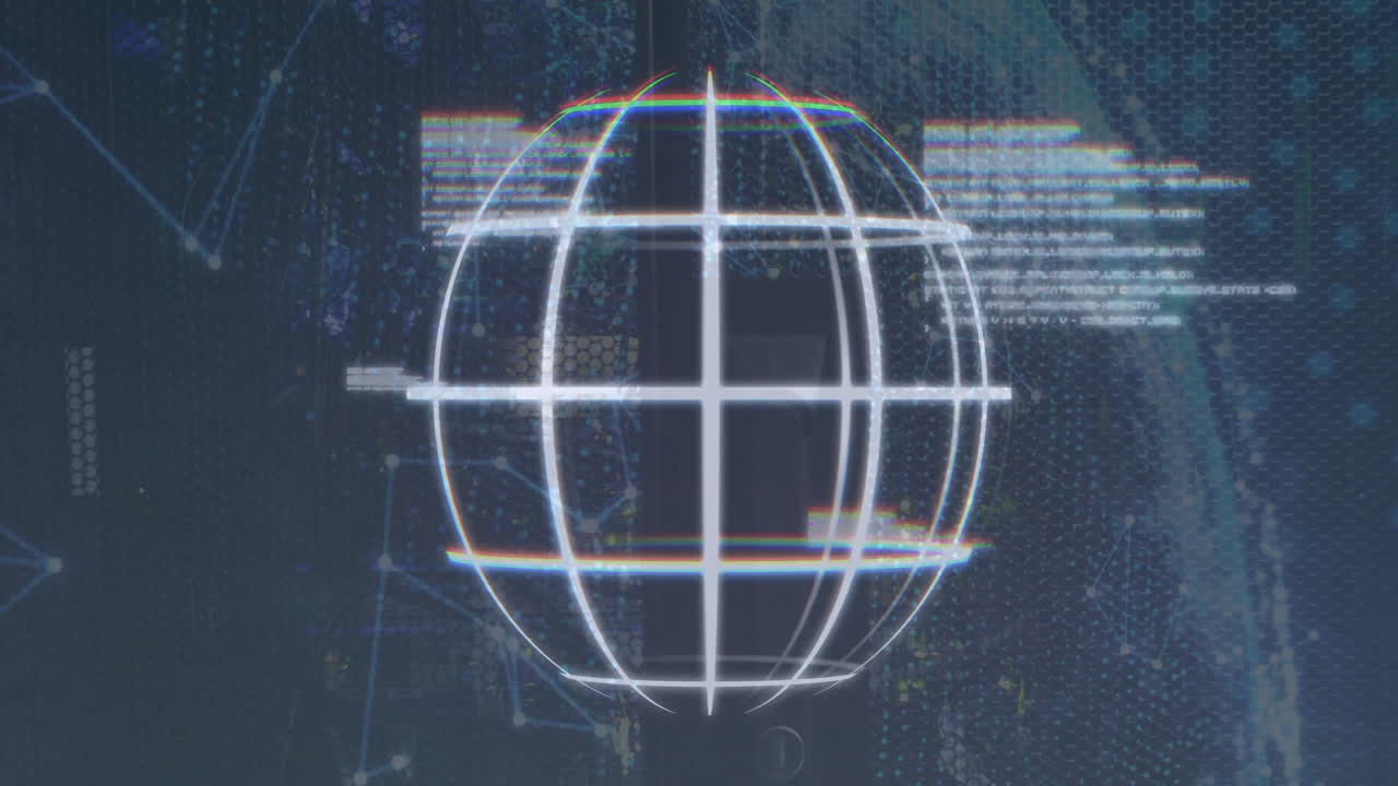 Digital globe with data streams and coding animation on dark background