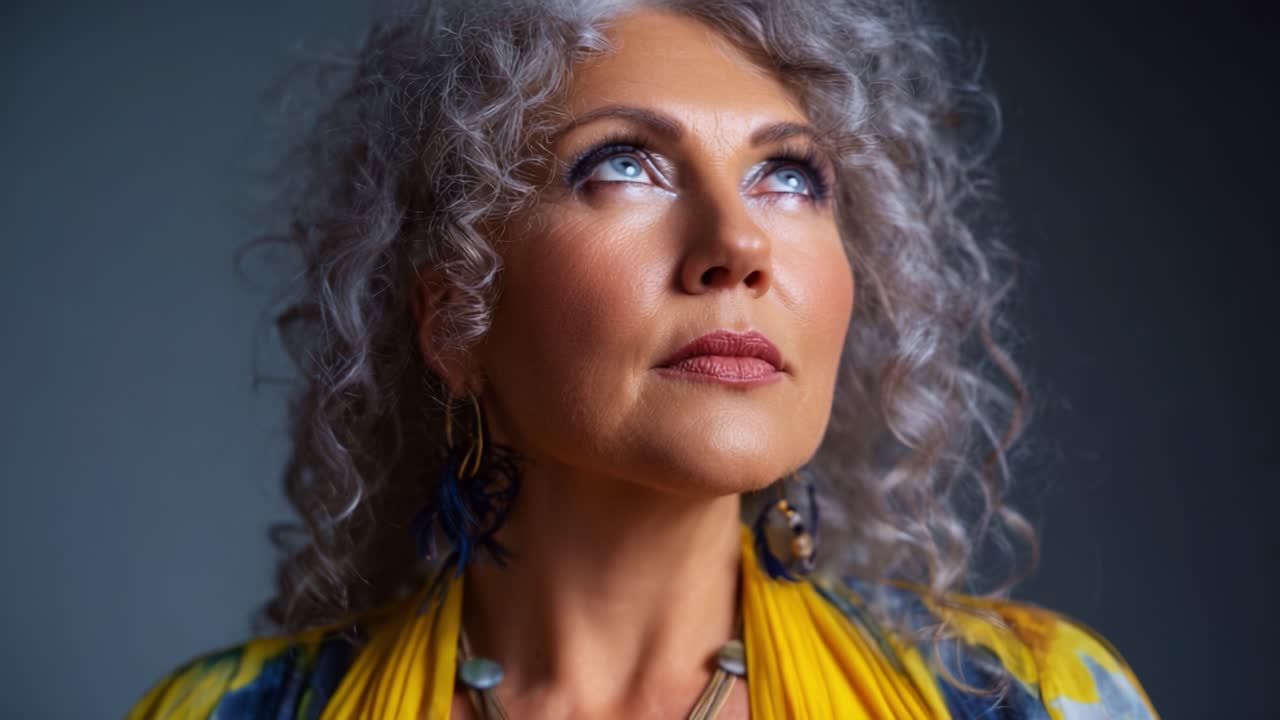 Un ritratto di eleganza: cattura la luminosità e la grazia di una bellissima donna con capelli ricci e sorprendenti occhi azzurri su uno sfondo tenue