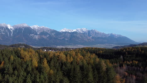 flying over pine trees in autumn foliage with view of rugged valley in innsbruck, austria