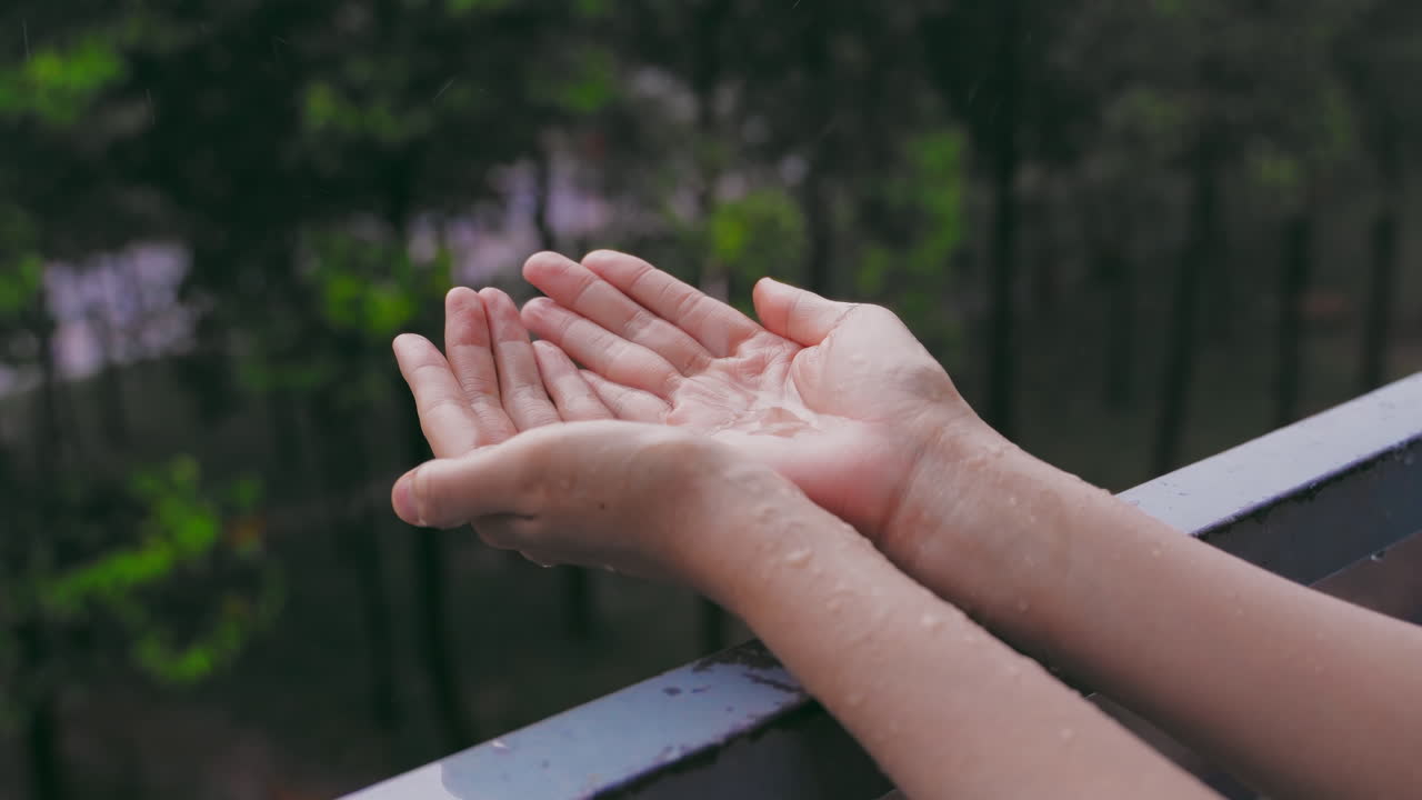Beautiful girl's hand playing with rain and reaching for a rain shower in the garden, blurred garden in the background