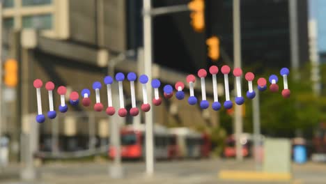 Animation-of-dna-structures-spinning-against-city-traffic