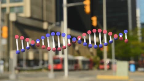도시 교통에 대항하여 회전하는 dna 구조의 애니메이션