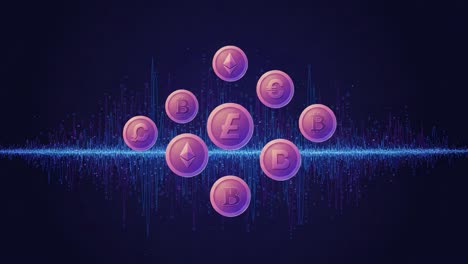 a visual representation of digital cryptocurrency coins surrounded by sound waves, highlighting the intersection of finance and technology in the modern era