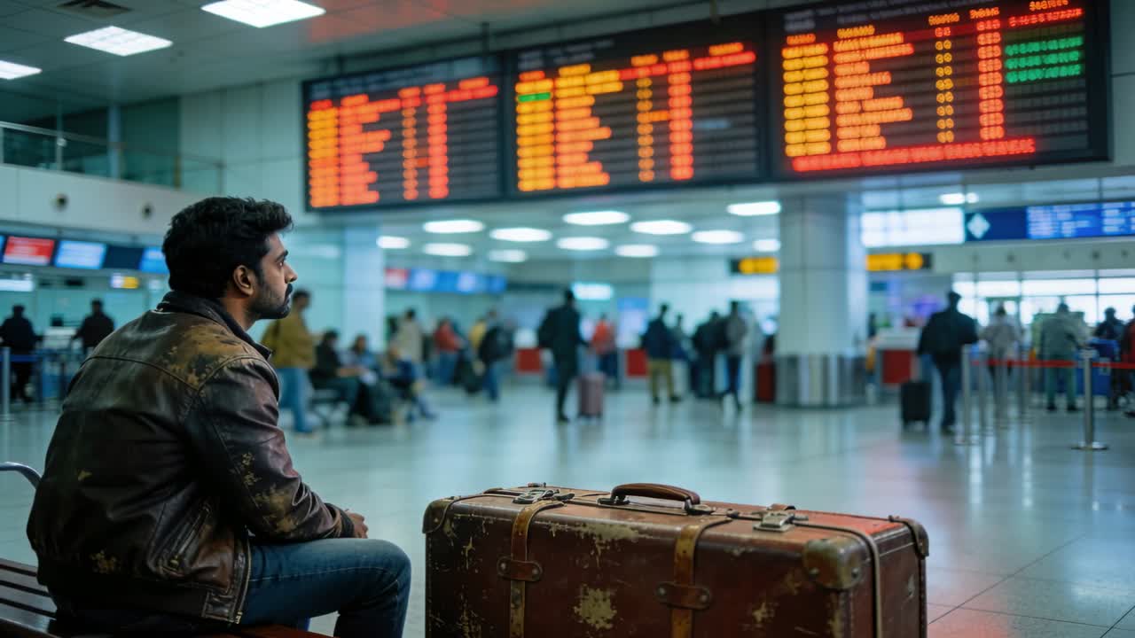 Uomo in giacca seduto che controlla i voli mentre il tabellone si aggiorna nel terminal, con una valigia vintage e spazio per il testo.