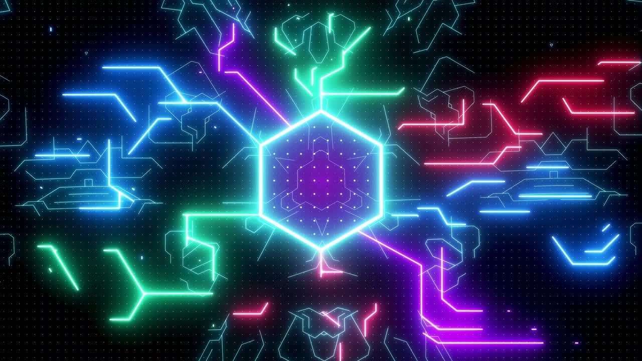 Circuito Digitale Astratto con Linee al Neon Luminose e Nucleo Esagonale