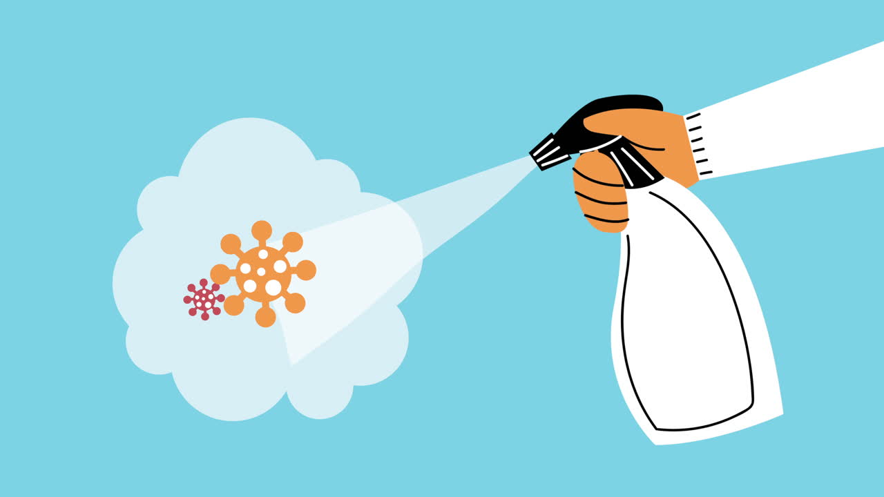 손 스프레이 병 소독제와 코로나19 입자