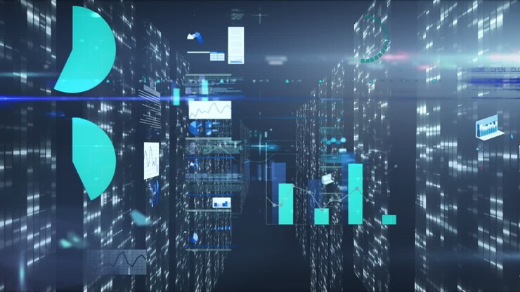 Animation of data processing over multiple screens with mosaic squares against blue background