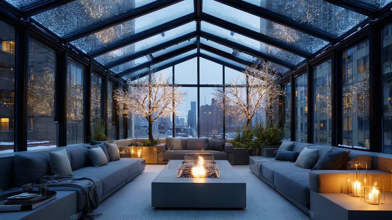 A Cozy, Winter-Night Retreat Inside a Glass Enclosure, With Soft Furnishings, Ambient Lighting, and Nature-Inspired Decor Creating an Inviting Atmosphere Perfect for Relaxation and Comfort