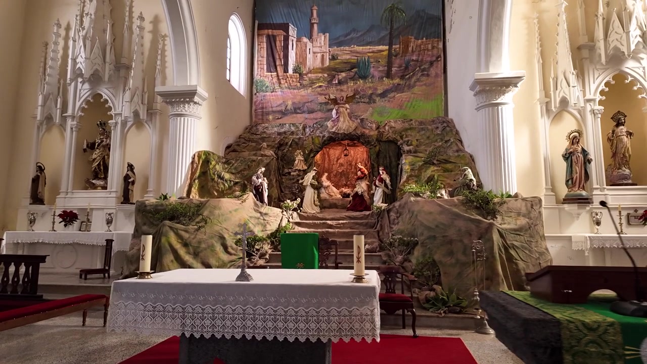 Traditional nativity scene inside historic church of Tahíche in Lanzarote, Spain