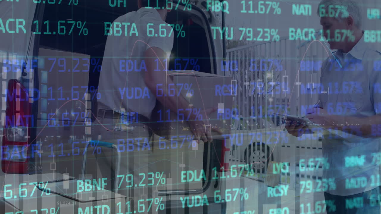 animación del procesamiento de datos financieros sobre el repartidor y la furgoneta