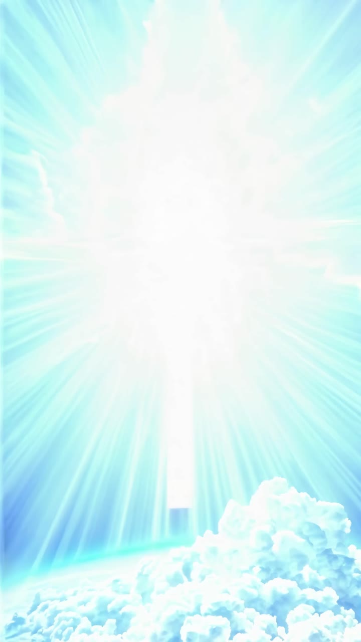 A heavenly scene with bright light rays streaming from above, captured from a low angle