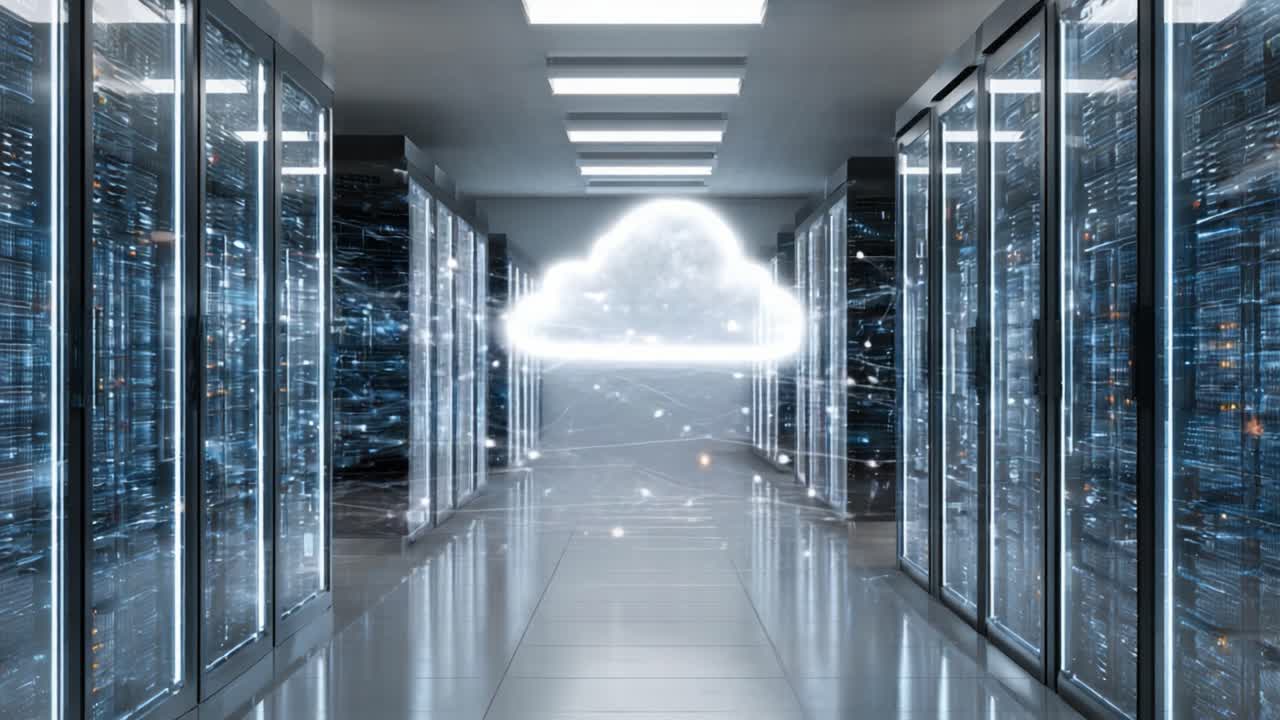 A high-tech data center showcasing cloud computing with illuminated server racks, reflecting advanced network architecture and futuristic technology concepts