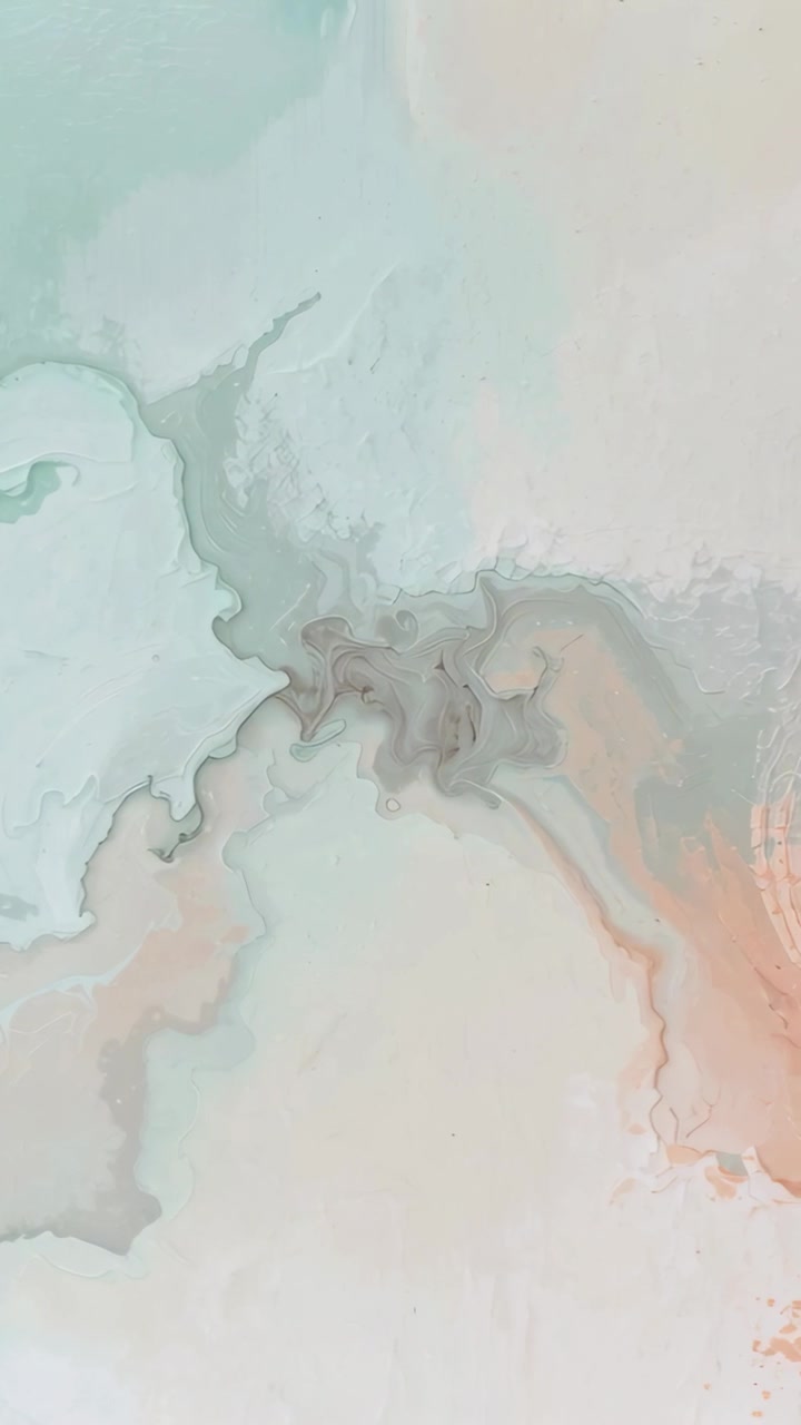 Video verticale: Pittura fluida color verde acqua e pesca che si muove su un pannello artistico, liquido che provoca il flusso e l'asciugatura