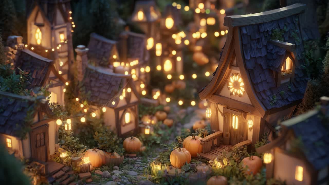 A Cozy Autumn Scene Featuring Charming Houses Adorned with Glowing Lights and Pumpkin Decorations in a Whimsical Village Setting at Dusk