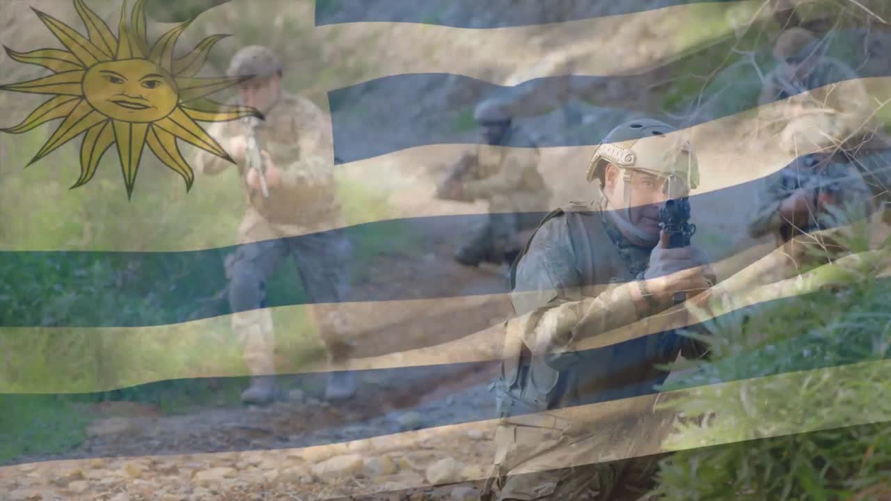 animación de la bandera de uruguay sobre varios soldados
