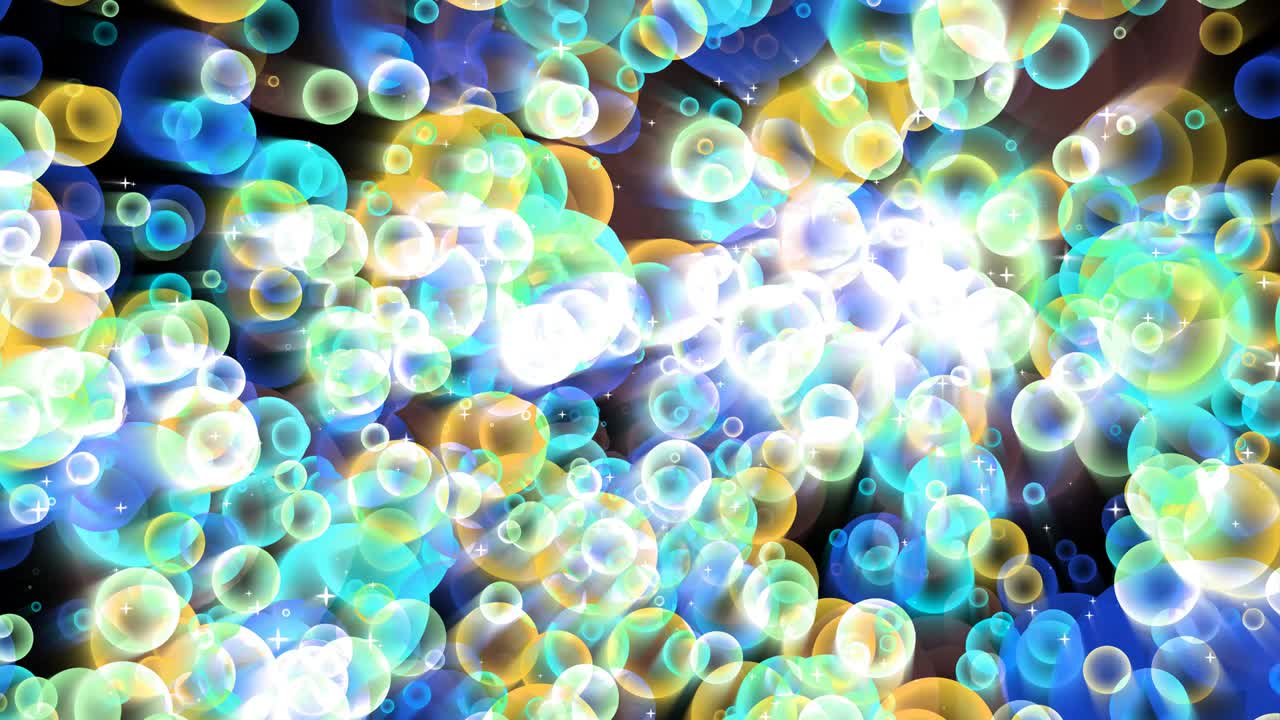 황금과 어두운 파란색 거품이 검은 스크린에 떠있는 녹색 거품과 하 별과 해군