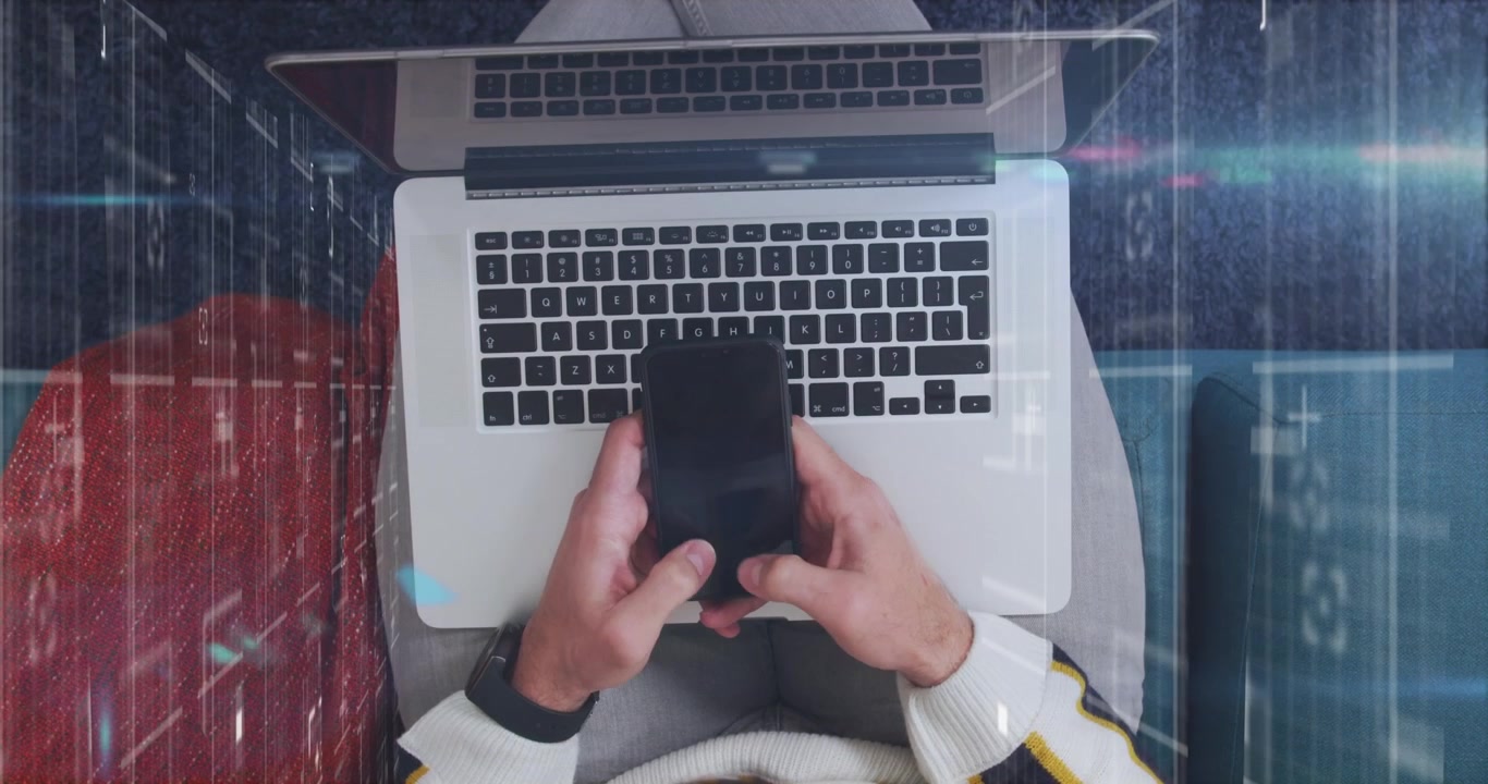 Animation of data processing over woman using smartphone
