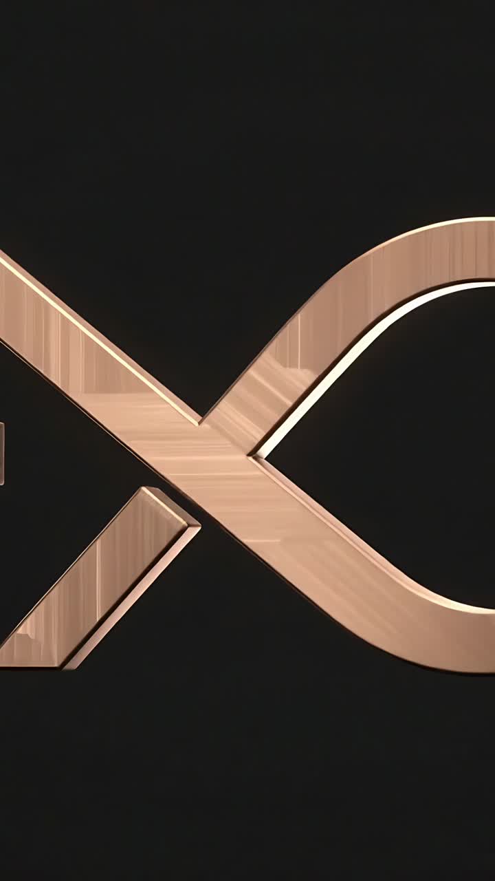 Vertical video: Revealing brushed metallic X rotating during slow pan in dark studio, showing loop