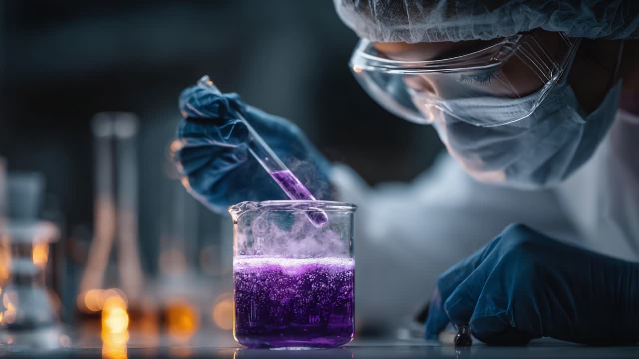A focused scientist carefully conducts a chemistry experiment involving a purple solution, with steam rising as reactions occur in the laboratory setting