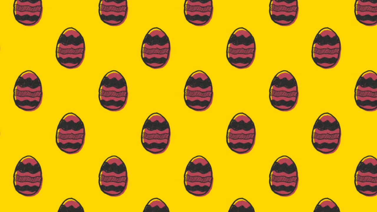 Animation of patterned Easter eggs moving in rows on yellow background
