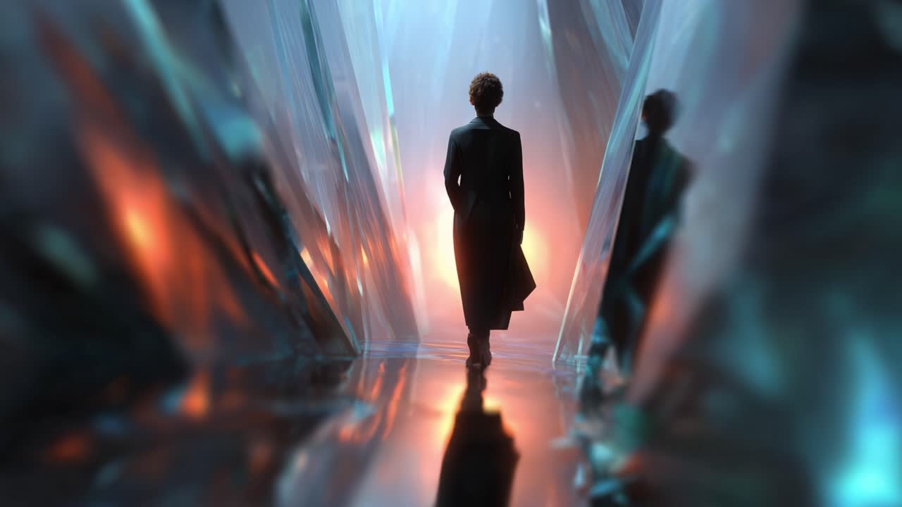 Uma figura emerge através de um deslumbrante espaço cristalino, criando uma cena surreal repleta de luz, cor e reflexos intrigantes que cativam o observador