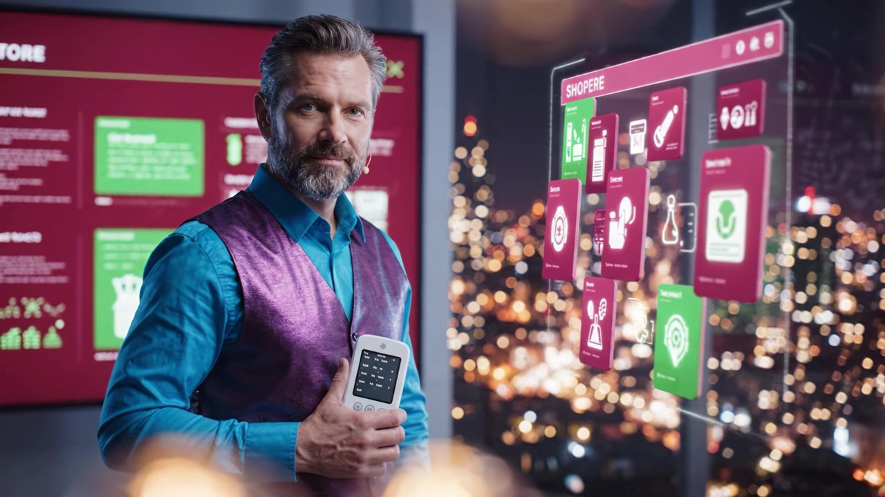 Un uomo sicuro di sé in un gilet vivace presenta tecnologia digitale in un ambiente moderno, mostrando schermi interattivi che evidenziano varie funzionalità e dati.