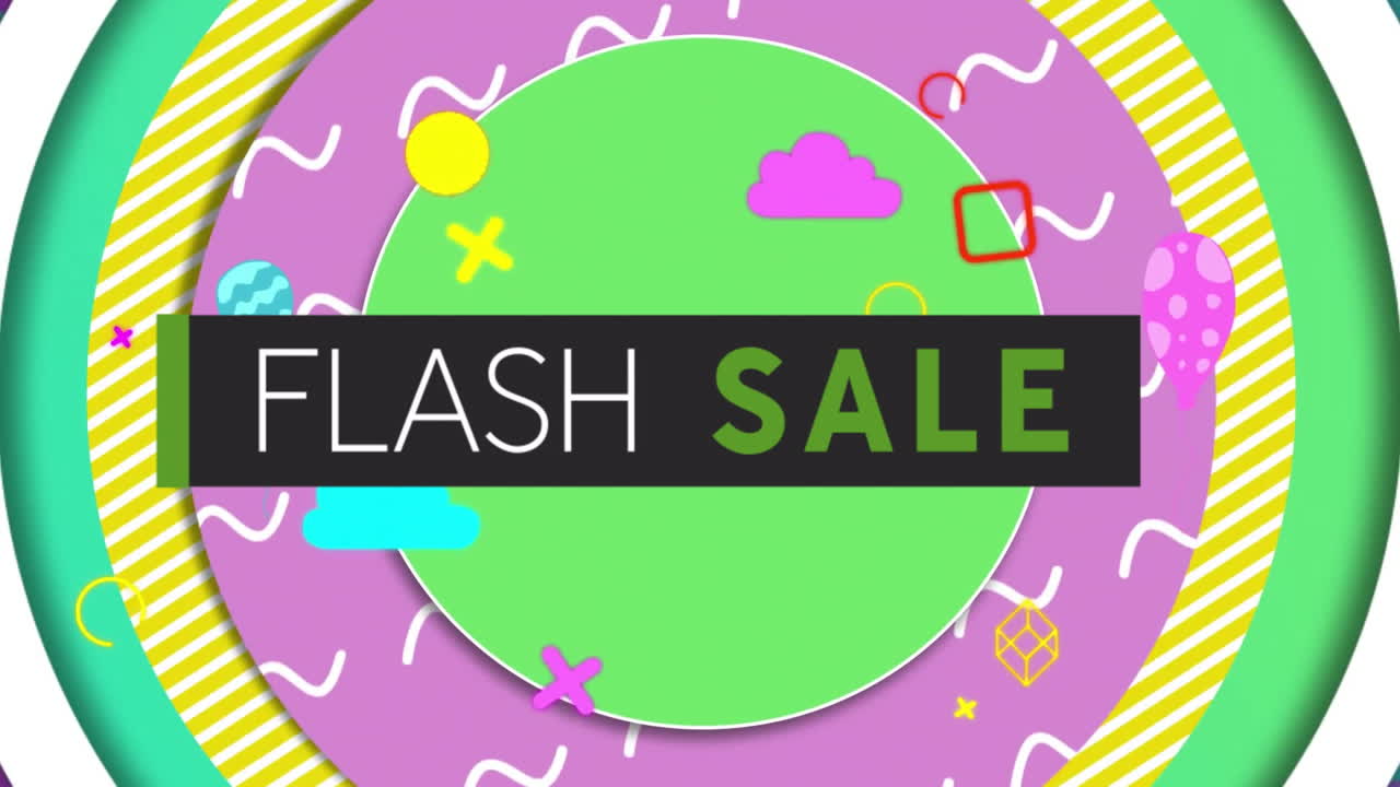 활기찬 패턴 배경 위에 플래시 판매 텍스트의 애니메이션