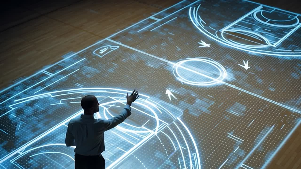 L'allenatore dimostra strategie su una proiezione digitale di campo da basket