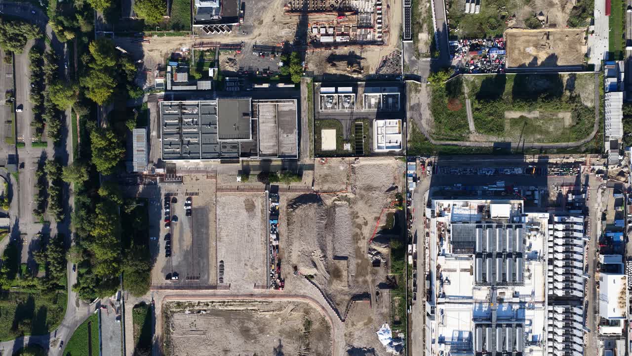 construction site of a data center, big data, AI and cloud technology infrastructure, aerial top down view