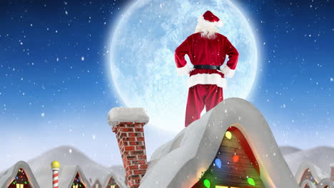 santa clause on rooftop of a decorated house combined with falling snow