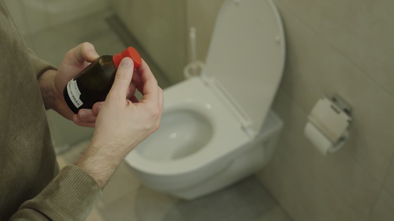 Realistic scene of a man holding laxative medicine in a home bathroom near a toilet, symbolizing digestive problems, constipation relief, and healthcare treatment