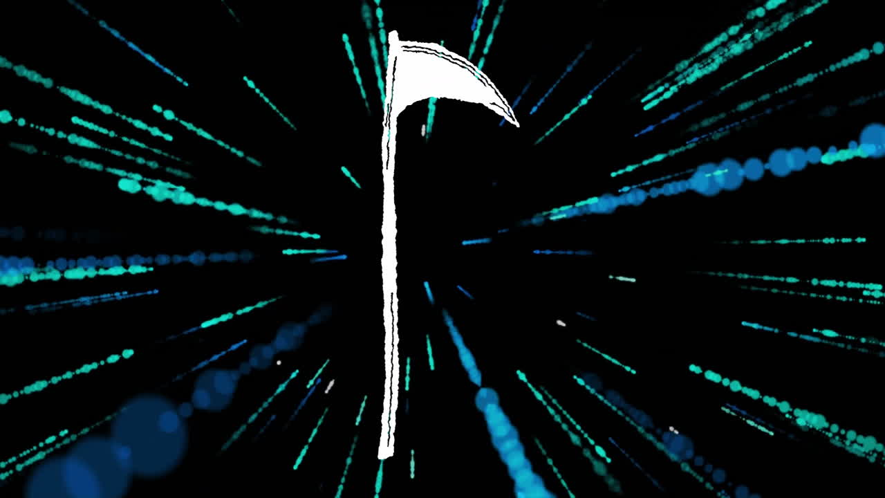 Animation of white scythe over dynamic blue and green light streaks