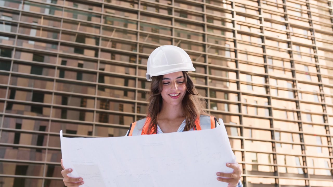 Arquitecta revisando los planos en el sitio de construcción