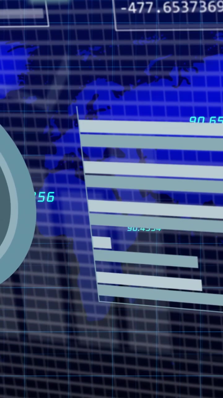 Animation of interface with statistical data processing over world map against blue background