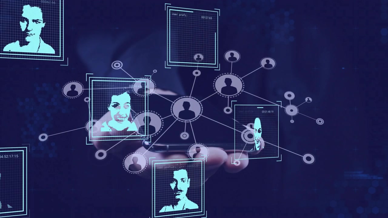 Hand lifting smartphone projecting holographic display visualizing social network with icons, nodes