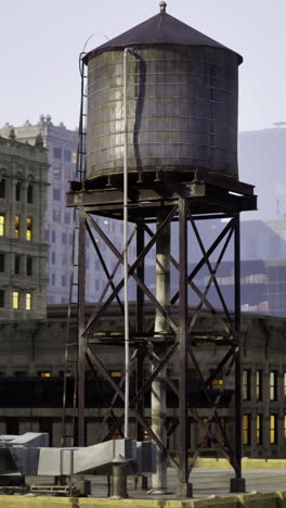 water tower stands proud against the backdrop of twilight city skyline