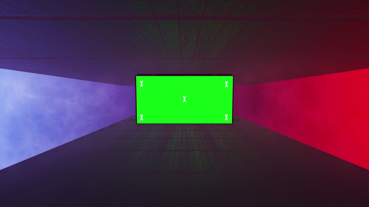 abstract creative tunnel e green screen alpha channel billboard mock up. neon, blu viola led bar e tecnologia, sci fi, futuristico cyber punk 3d rendering con cornice vuota.