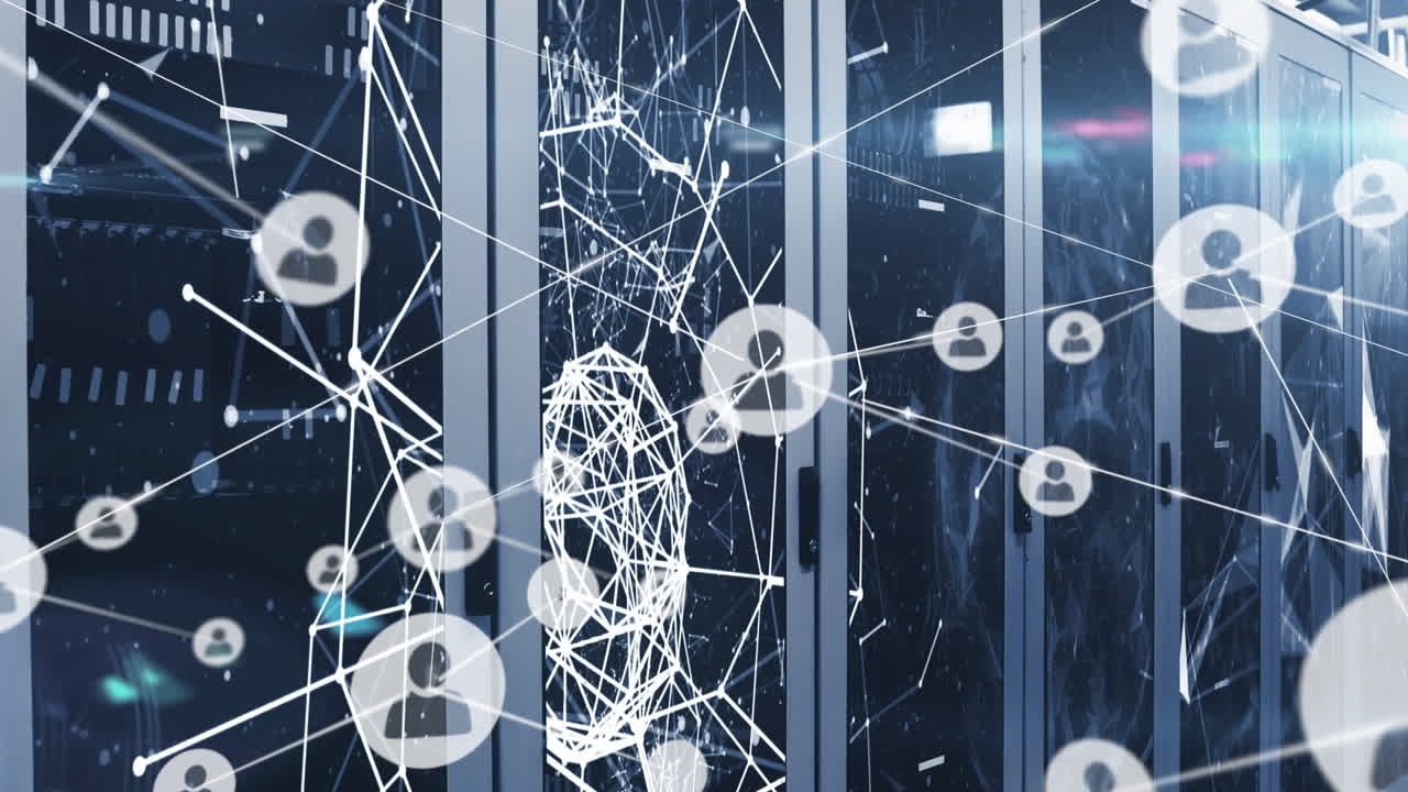 animación de la red de conexiones y nieve cayendo sobre la sala del servidor